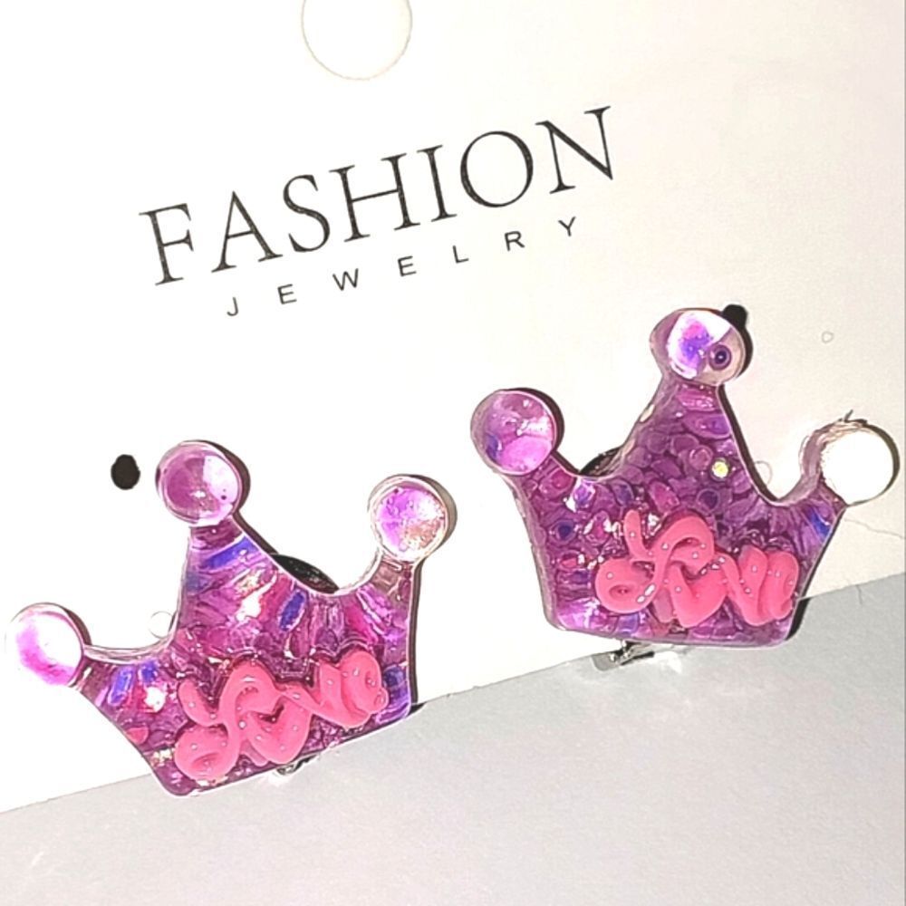 Beautiful Purple Girls Clip-on Love Crown Earrings For Kids